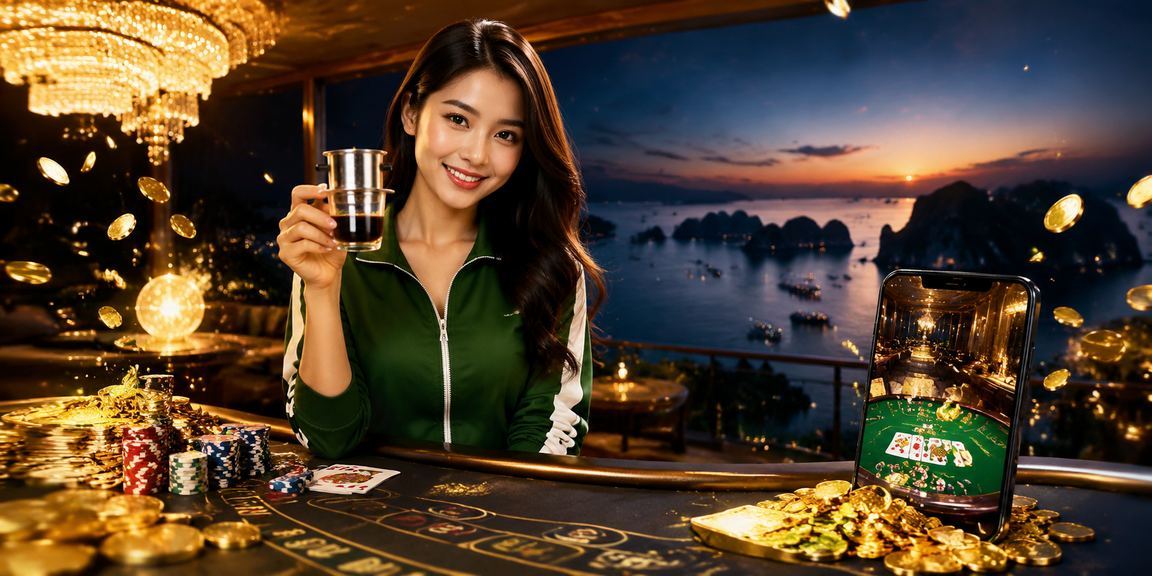 Người dùng tại Hạ Long thưởng thức cà phê và chơi baccarat trực tuyến nhìn ra vịnh biển xanh