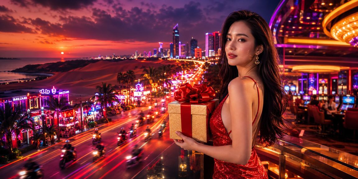 Cảnh đêm Mũi Né với ánh đèn neon phản chiếu không khí cá cược trực tuyến sôi động